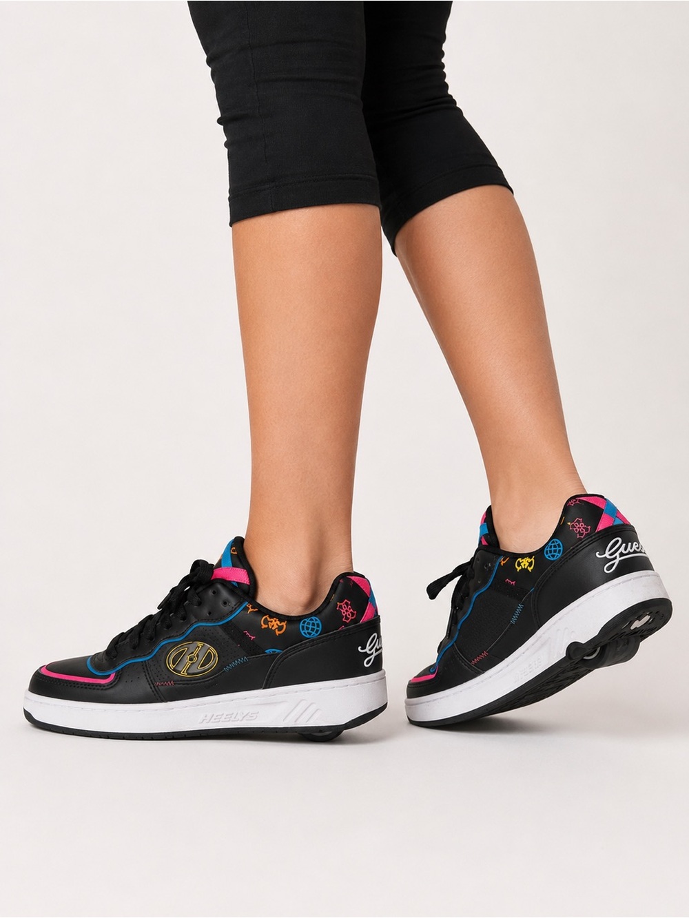 Guess Black Heely Sneaker with neon Pink, Blue & Yellow Accents size 7